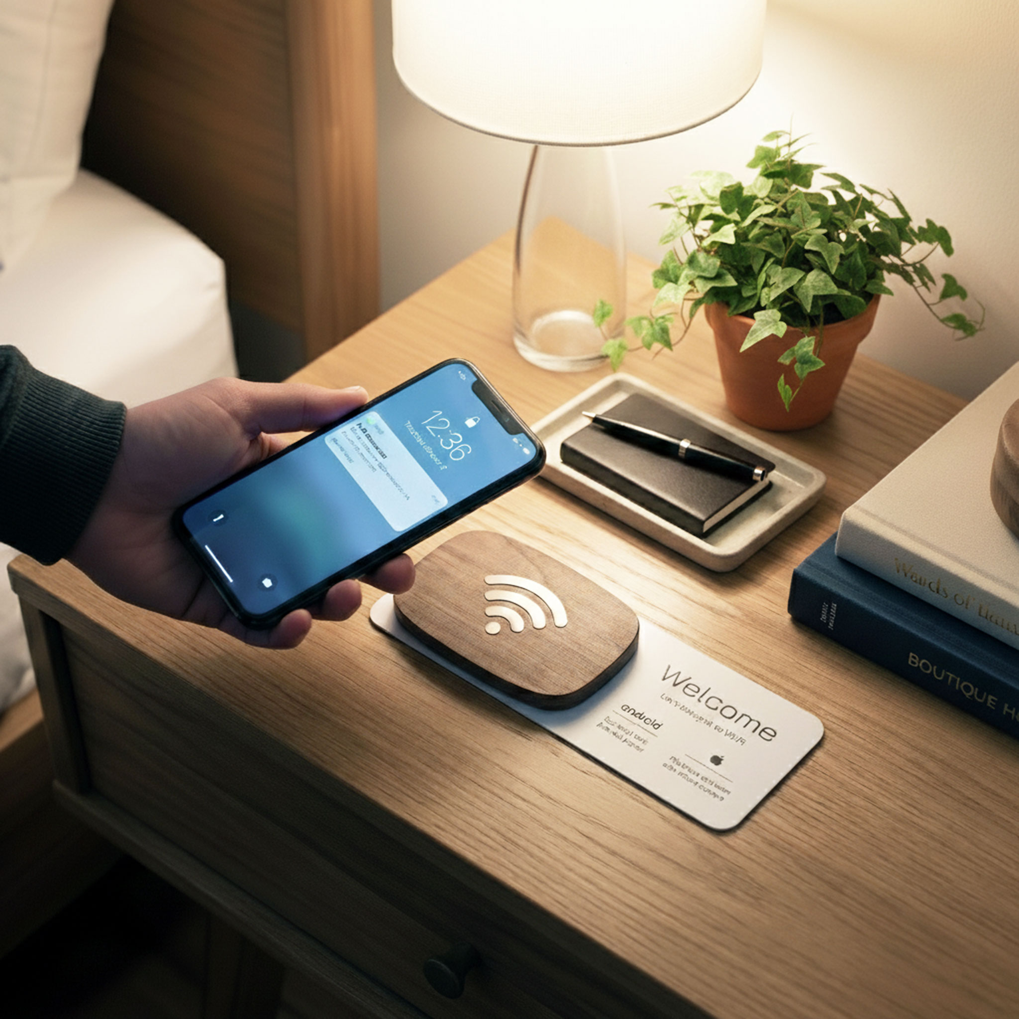 PHN Portal device sitting on a bedside table in a hotel room